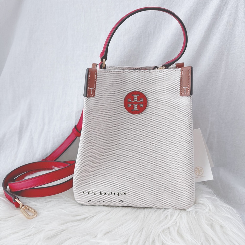 NWT Tory Burch Blake Canvas Leather Bucket Bag Natural Red 86843 SOLD OUT RARE